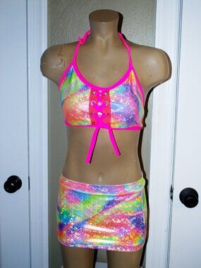 OOAK Sexy EXOTIC DANCER/ STRIPPER WEAR neon swirl hologram 3 piece